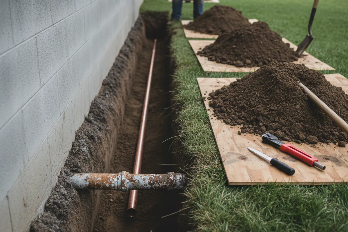 Excavated water line trench during Sewer Line Repair in Sherman
